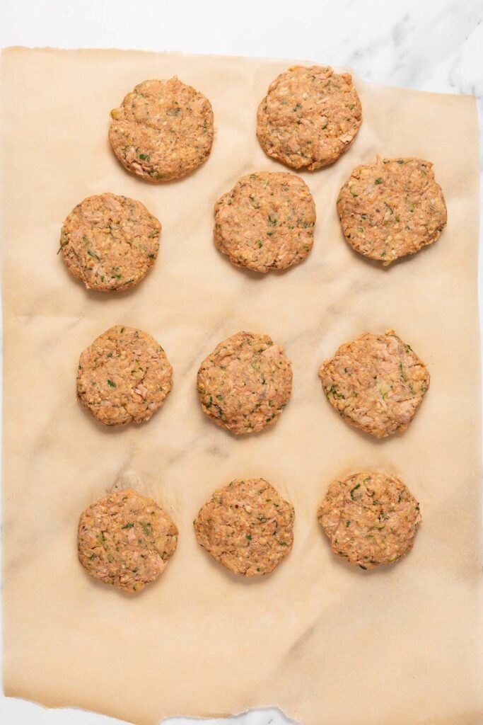 tuna potato mixture shaped into eleven patties